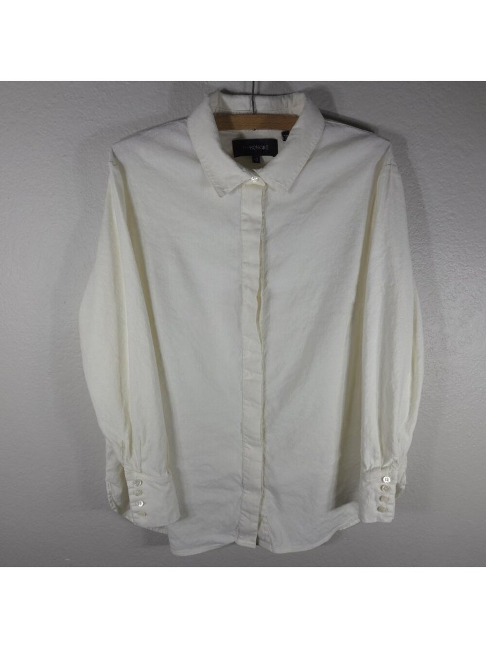 11 Honoré Size 12 Ivory Linen Blend Button-Up Shirt Long Sleeve Collared Womens